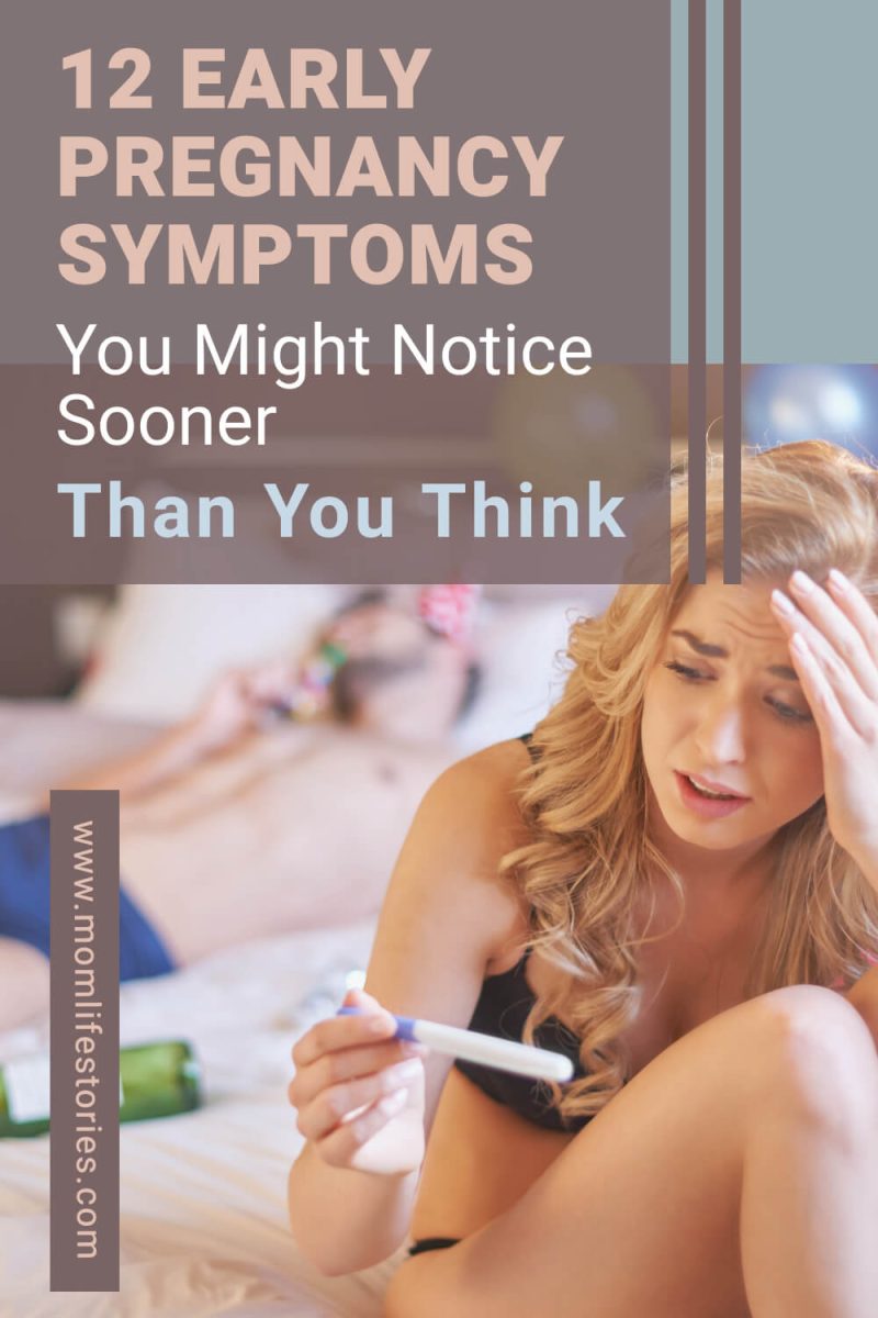 Worried woman holding a pregnancy test while sitting on a bed, illustrating early pregnancy symptoms such as fatigue, nausea, mood swings, and missed period during the first weeks of pregnancy.