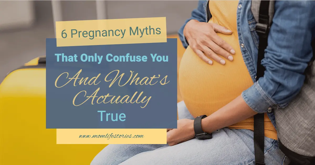 Pregnancy myths – pregnant woman holding her belly with text overlay about common myths and what’s actually true during pregnancy