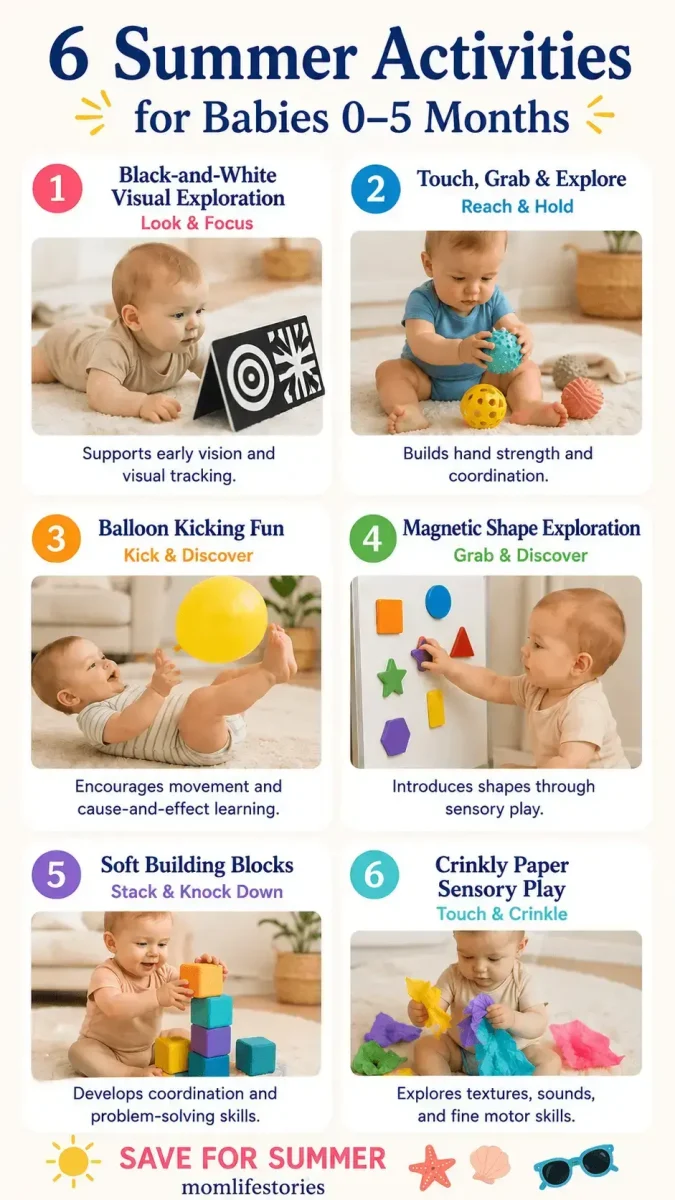 What to Watch for During Summer? Sensory Activities Toddlers and Babies Love (0–12 Months) Sensory Activities Toddlers and babies can enjoy don't have to be complicated. From black-and-white visual exploration and balloon kicking to crinkly paper play and soft building blocks, these simple sensory activities help support early vision, coordination, fine motor skills, and curiosity. Perfect for babies ages 0–5 months, these easy summer play ideas encourage learning through everyday exploration without expensive toys.
