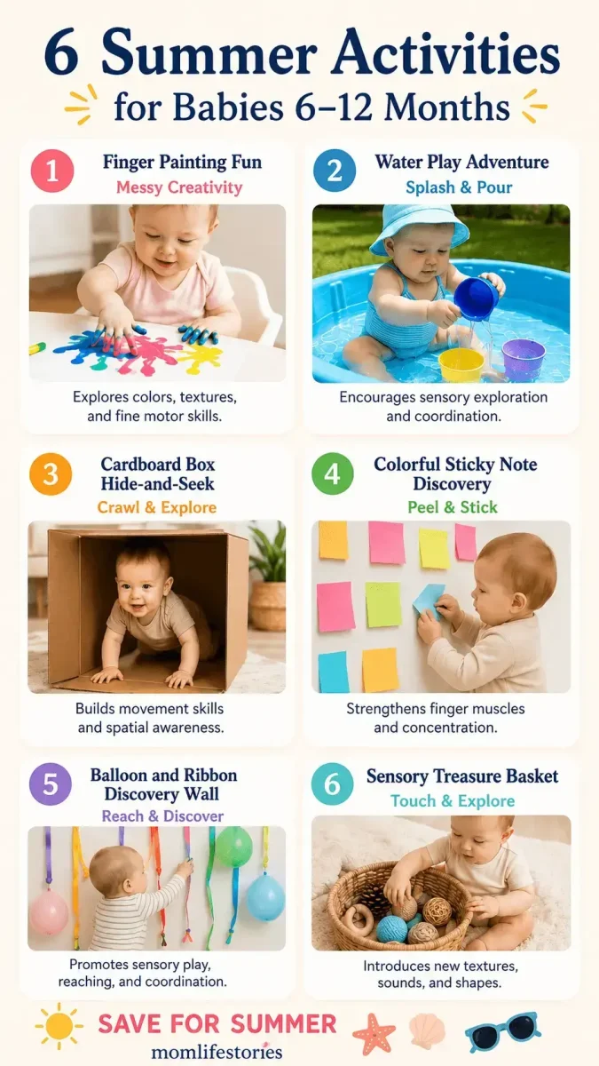 What to Watch for During Summer? Sensory Activities Toddlers and Babies Love (0–12 Months) Looking for Sensory Activities Toddlers and older babies actually enjoy? These simple summer play ideas include water play, finger painting, sticky note discovery, sensory treasure baskets, and more. Designed for babies ages 6–12 months, these activities support sensory development, coordination, creativity, and problem-solving while keeping little ones engaged through hands-on exploration and play.