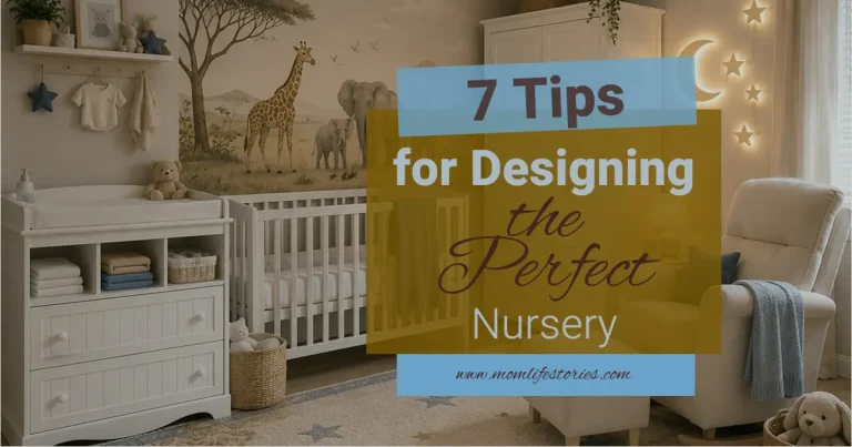 7 Tips for Designing the Perfect Nursery Modern nursery with a white crib, changing table, rocking chair, moon and stars wall light, and neutral safari mural, featuring the title 7 Tips for Designing the Perfect Nursery.