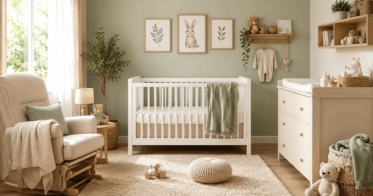 Perfect nursery with a white crib, changing table, nursing chair, and soft neutral décor, designed as a safe, practical, and calming space for a newborn.