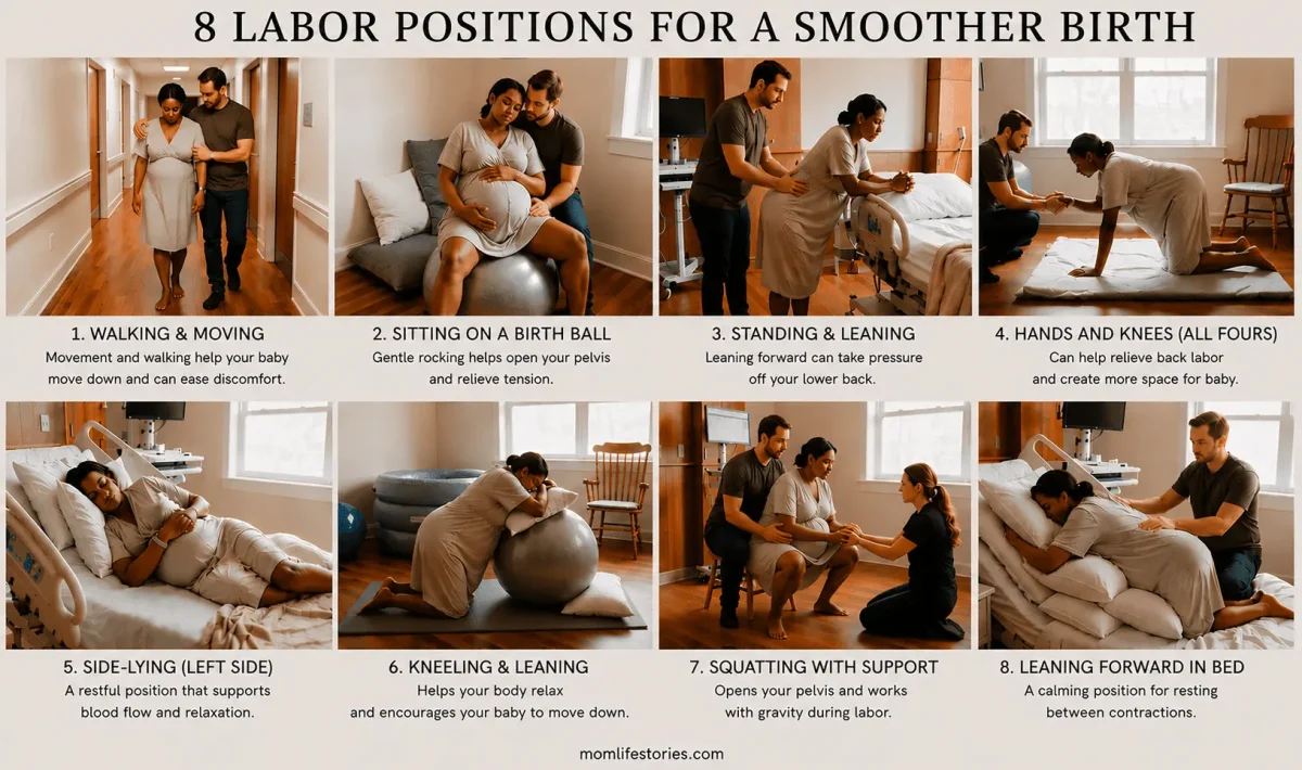 Infographic showing 8 labor positions, including birth ball sitting, deep squat, walking, and labor positions with partner support in a soft labor and delivery aesthetic setting.
