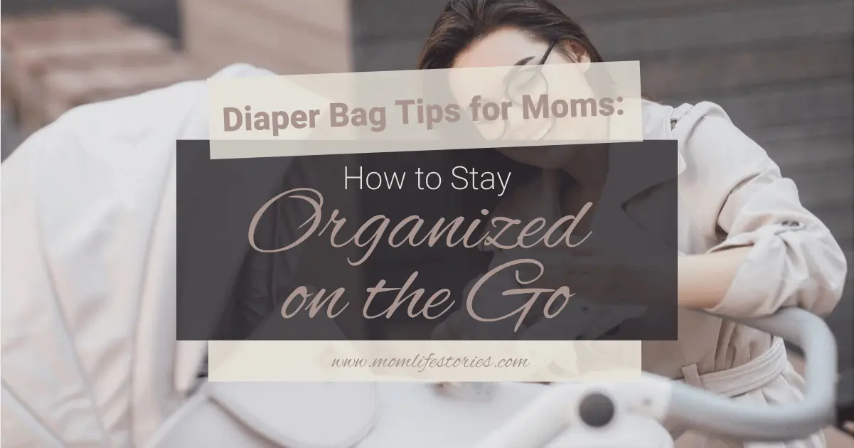 Diaper bag tips: mom crouching next to a stroller while taking a baby bottle out of a well-organized diaper bag during an everyday outing.