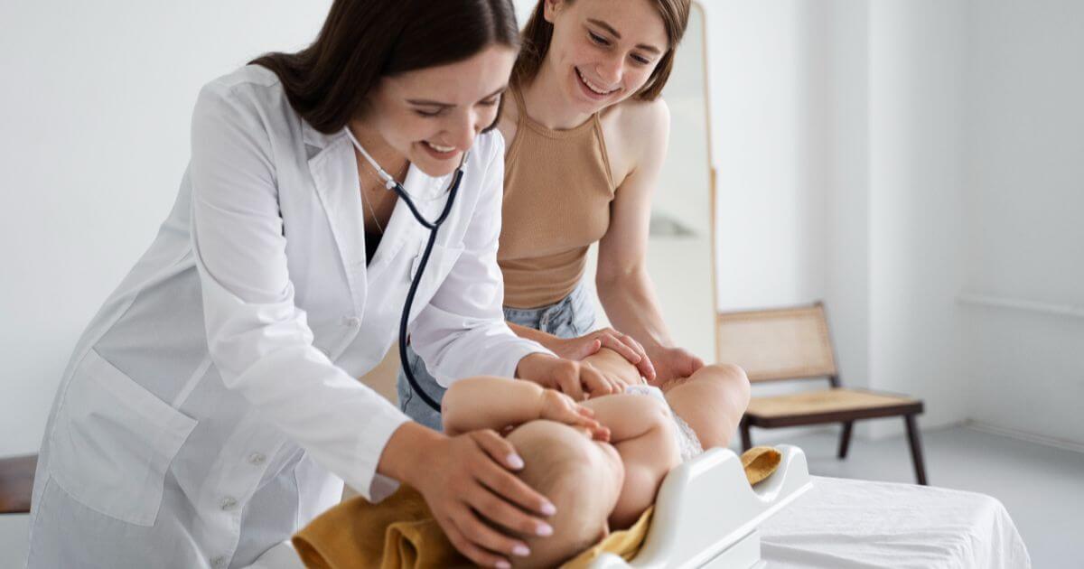 Newborn Care: doctor checking baby during routine weight and health exam with mother present