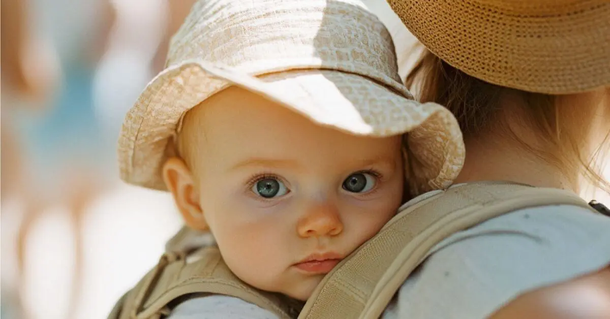 Baby securely held in a carrier with sun protection during vacationing with a baby