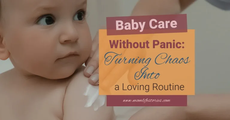 Baby Care Without Panic: Turning Chaos Into a Loving Routine Mother gently applying lotion to a baby’s sensitive skin during a calming baby care routine. Pinterest graphic about baby care, newborn skincare, bath time, and creating gentle daily routines for babies.