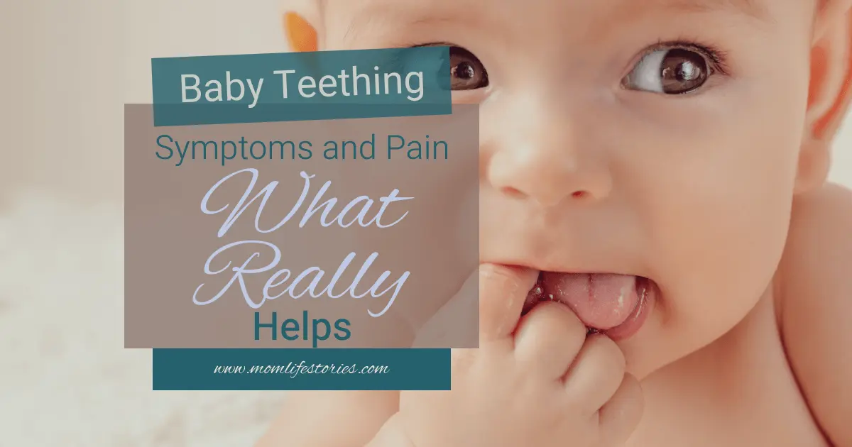 Baby teething close-up of infant chewing fingers with drooling and early teething signs