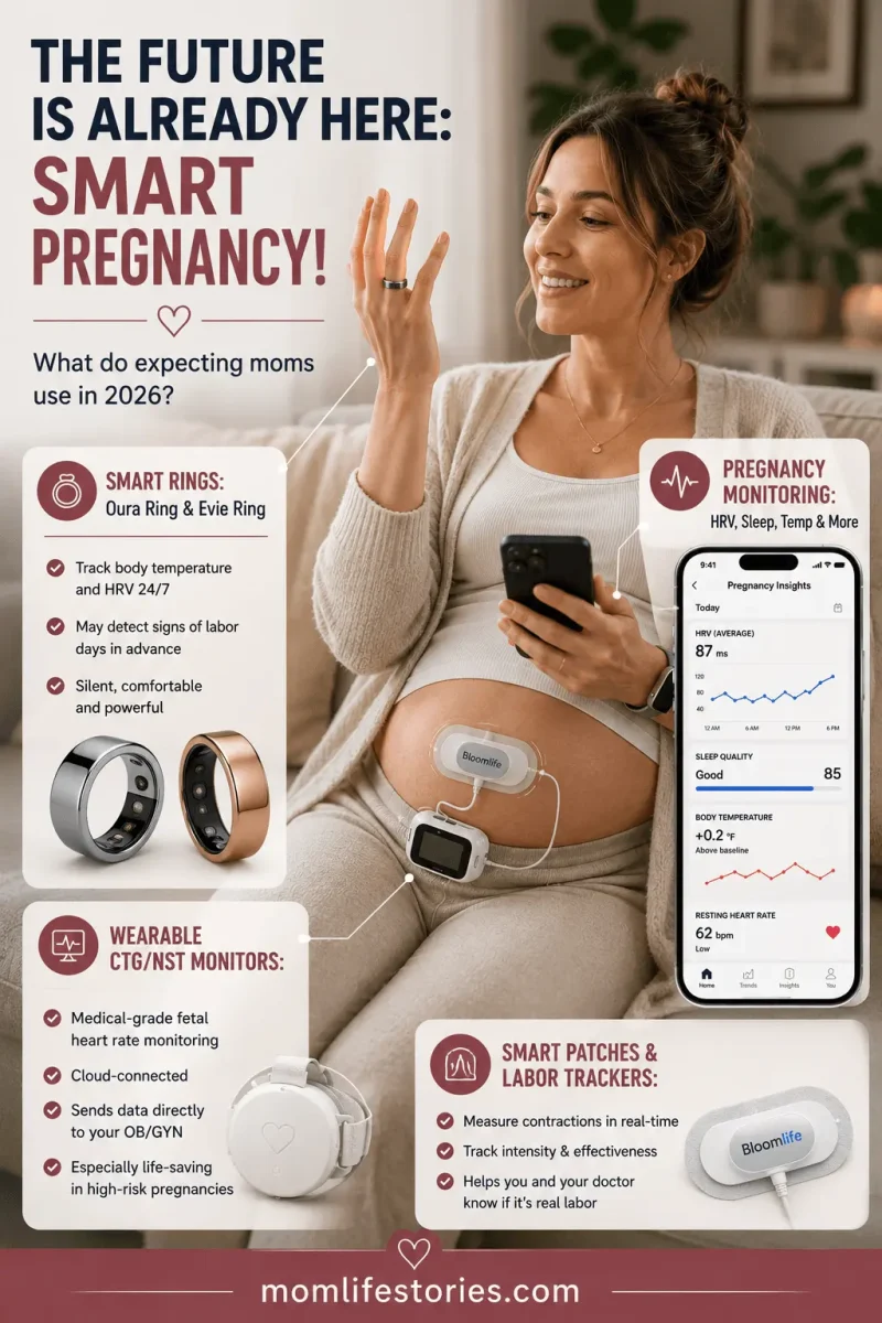 Data-Driven Pregnancy – The Algorithm That Might Predict Labor Pregnant woman using wearable technology during a data-driven pregnancy, including smart rings, HRV monitoring, fetal tracking devices, and labor prediction tools in 2026.