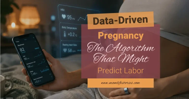 Data-driven pregnancy illustration showing a pregnant woman using a smart ring and health tracking app to monitor HRV, body temperature, and labor prediction data during late pregnancy.