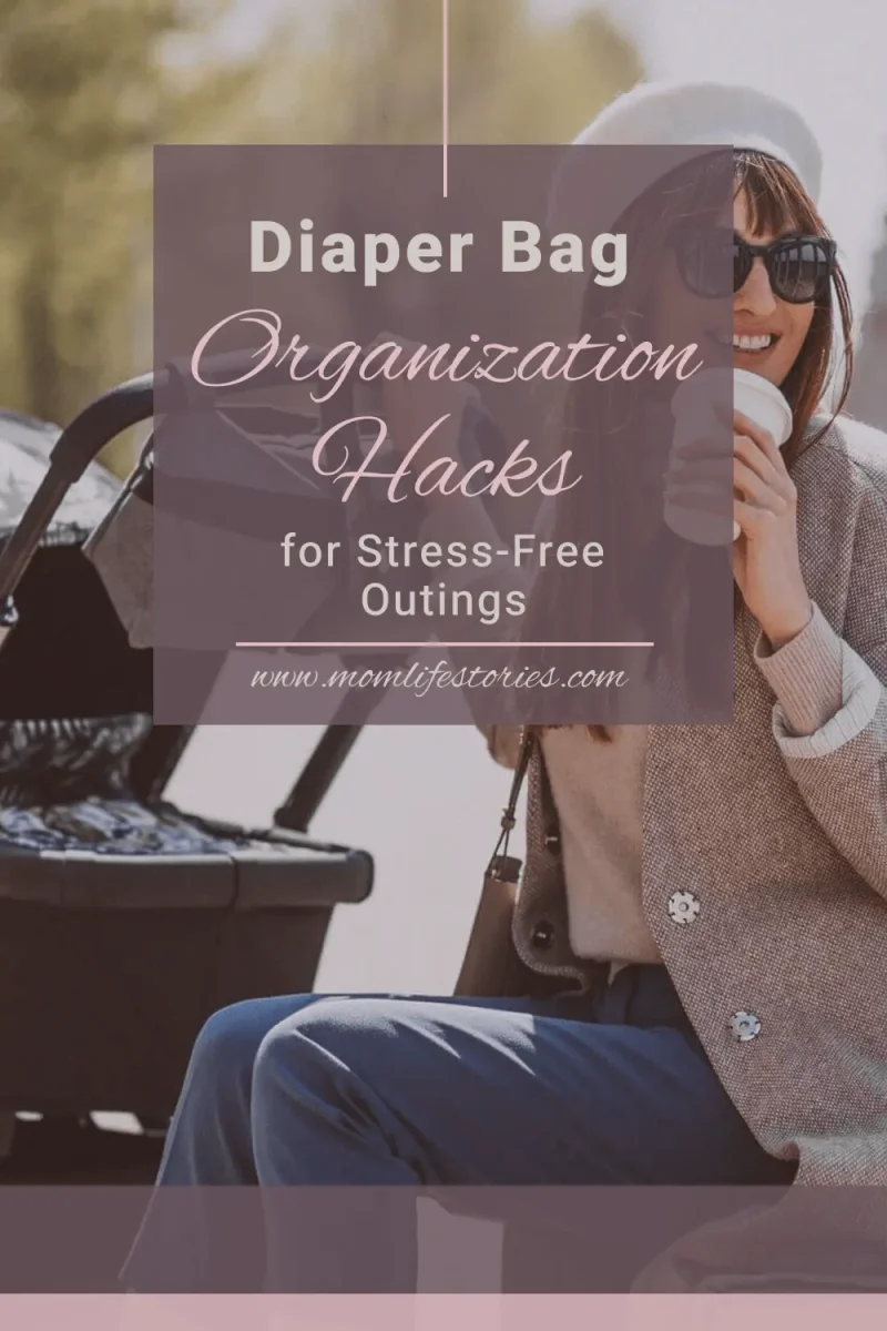 Stylish mom sitting beside a stroller while enjoying a coffee outdoors, illustrating practical diaper bag organization tips, diaper bag essentials, baby outing preparation, and stress-free travel with a baby.
