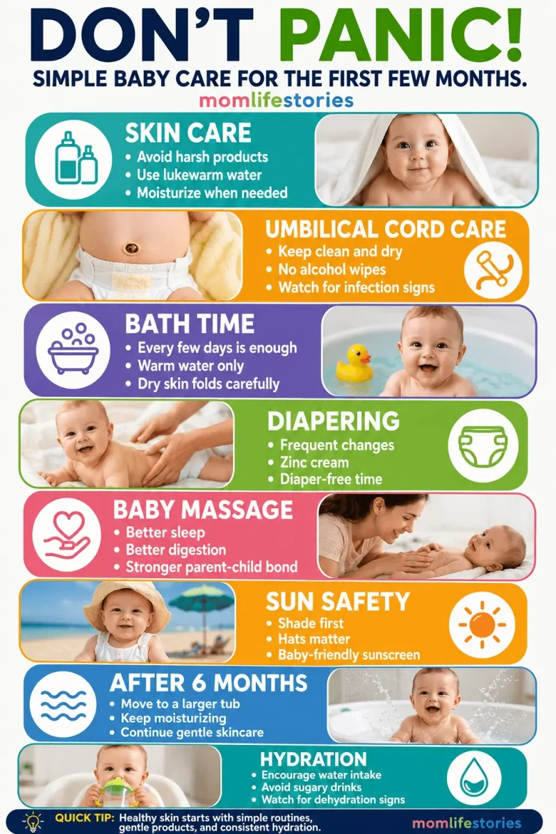 Colorful baby care infographic for parents with their first baby, featuring baby needs such as skin care, umbilical cord care, bath time, diapering, baby massage, sun safety, and hydration tips for newborns and young infants.
