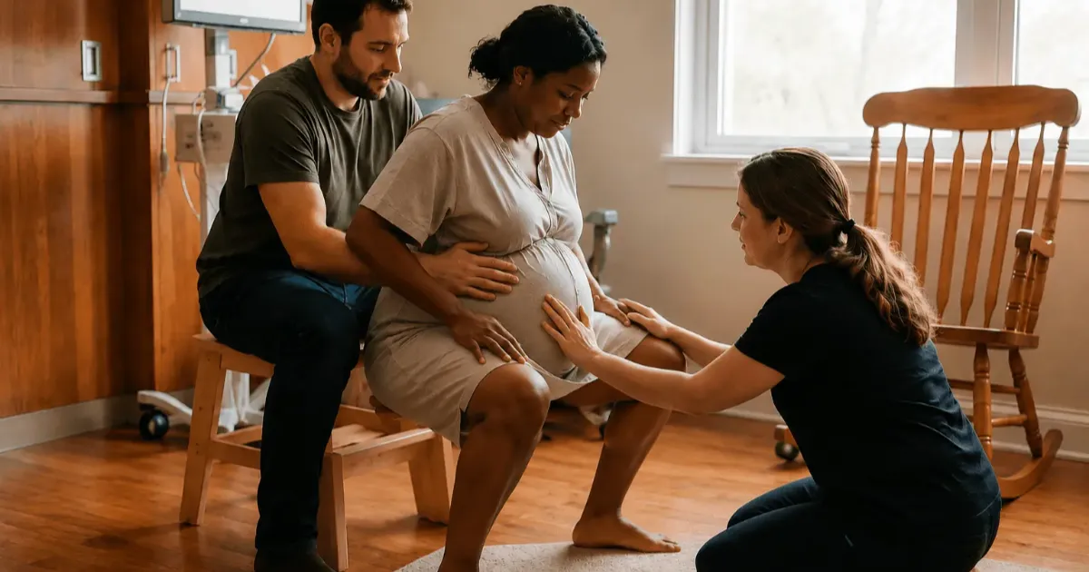 Pregnant woman using supported squatting labor positions with her partner and doula during childbirth preparation, showing hands-on comfort support, upright labor positioning, and natural labor techniques in a warm birth room setting.