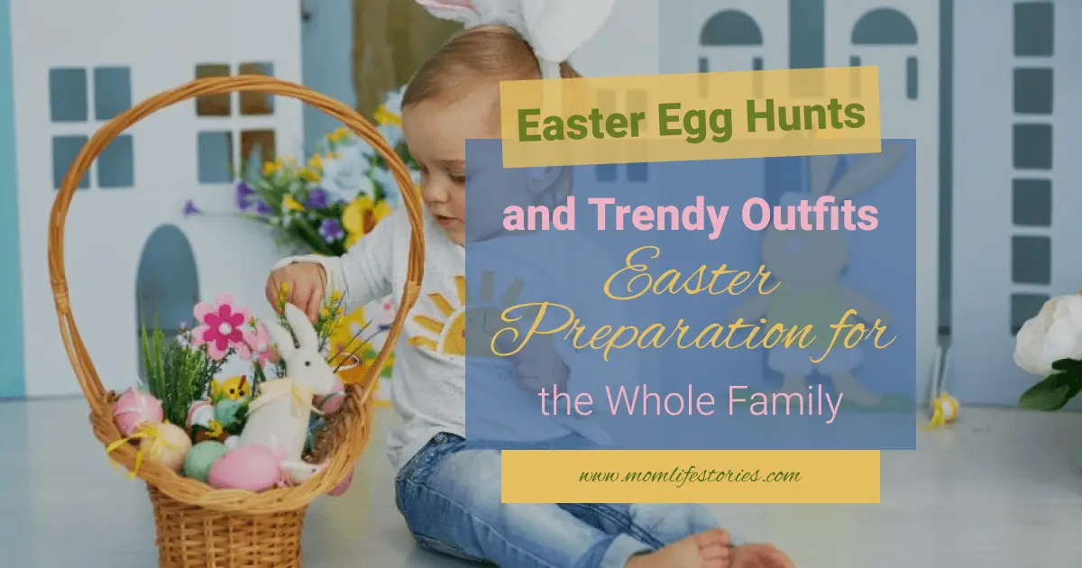 baby girl with easter basket and decorations sitting indoors during easter preparation