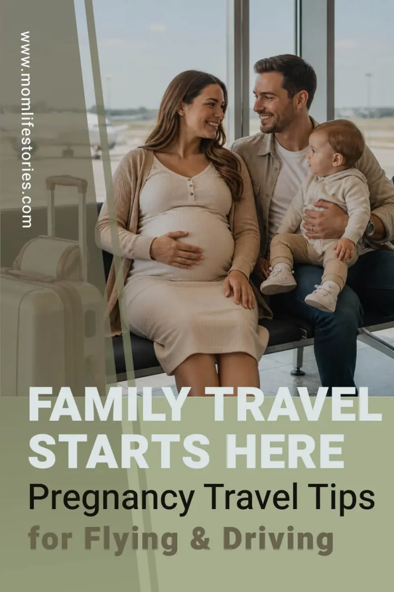 Pregnant woman sitting at an airport with luggage beside her while her partner holds their baby, representing family travel planning and pregnancy travel tips for flying and driving.