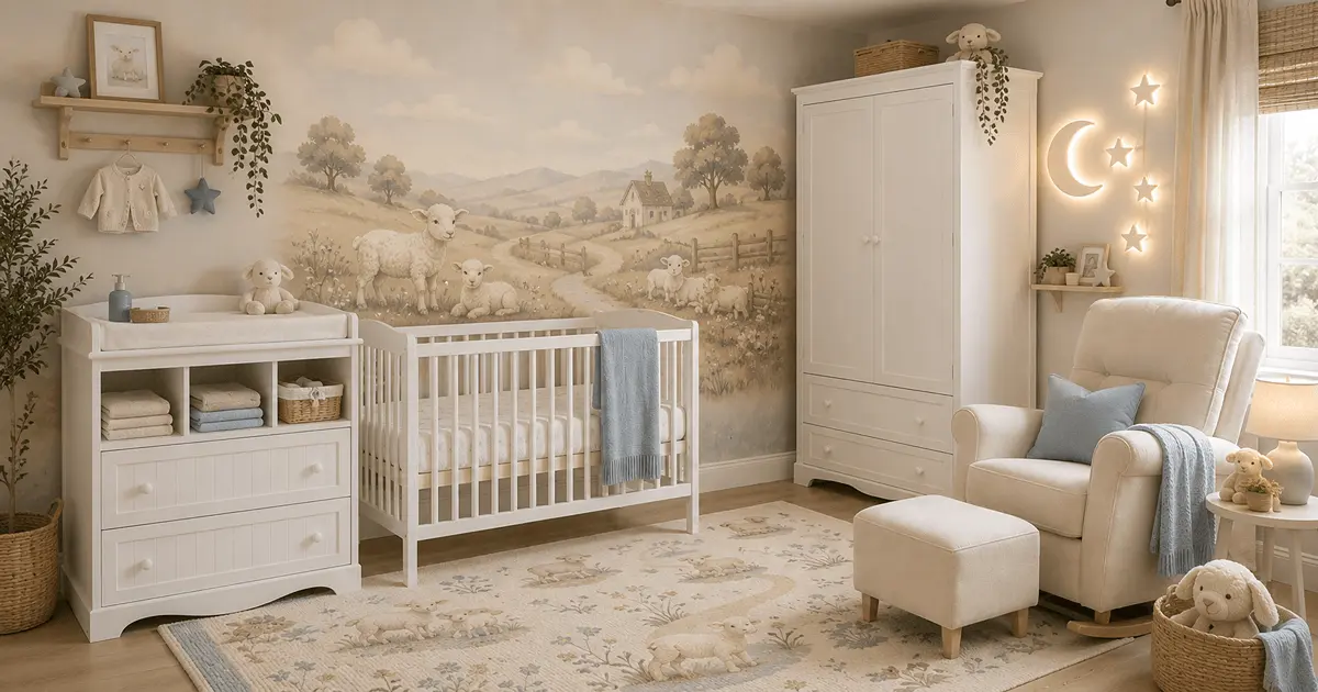 Neutral farmhouse nursery featuring a lamb mural, white crib, moon and stars wall light, rocking chair, and cozy blue and cream baby décor.