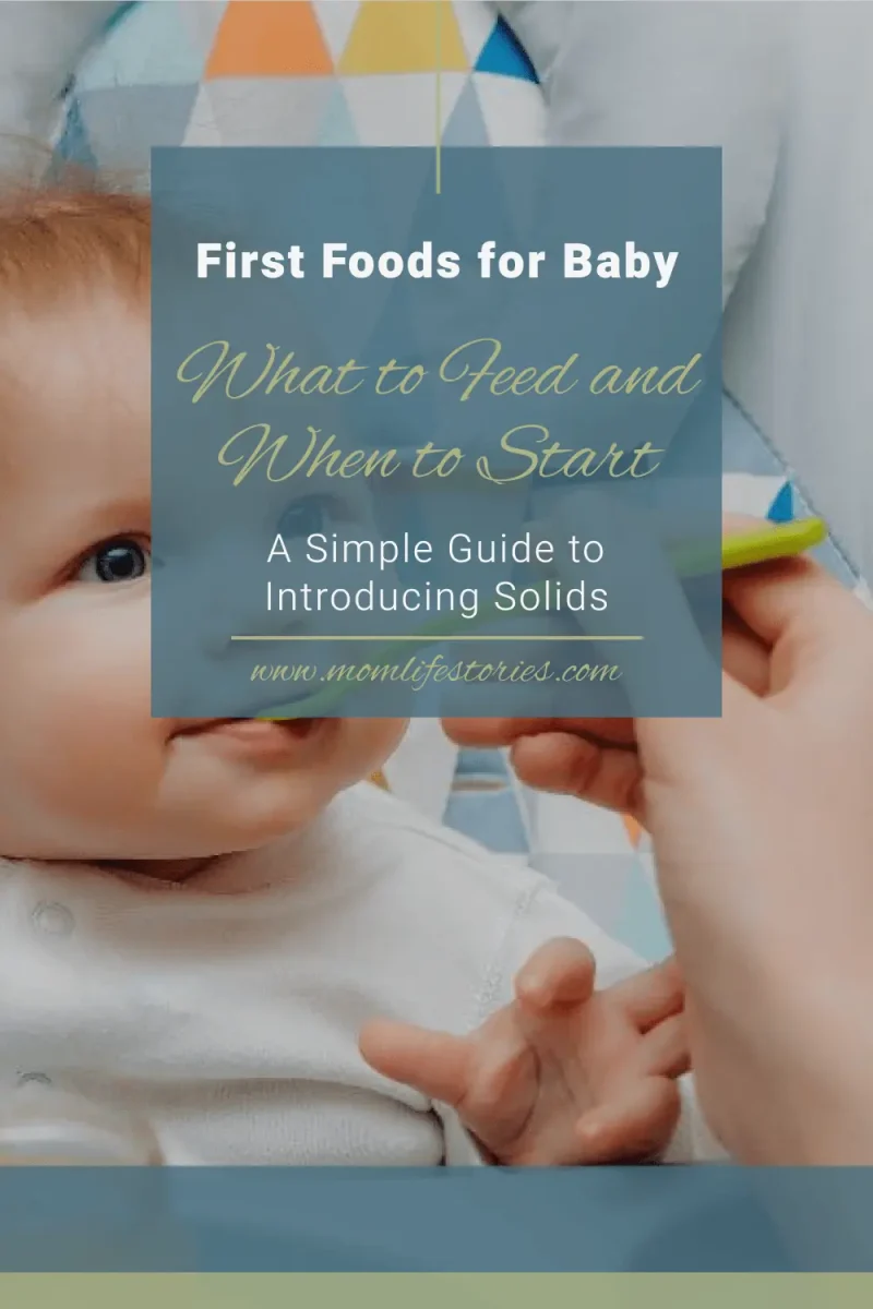 Introducing Solids Step by Step: What, When, and How to Feed Your Baby Introducing Solids infographic featuring a baby being spoon-fed, explaining first foods for baby, when to start solids, and how to introduce new foods step by step.