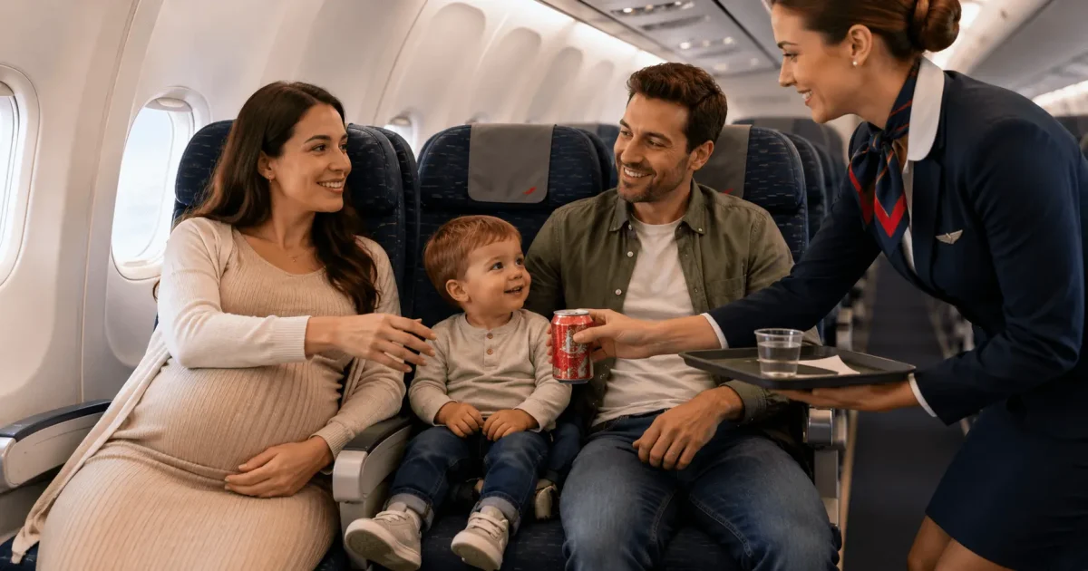 Flying During Pregnancy photo showing a pregnant woman traveling on an airplane with her partner and toddler while a flight attendant serves a drink, illustrating comfortable and family-friendly air travel during pregnancy.