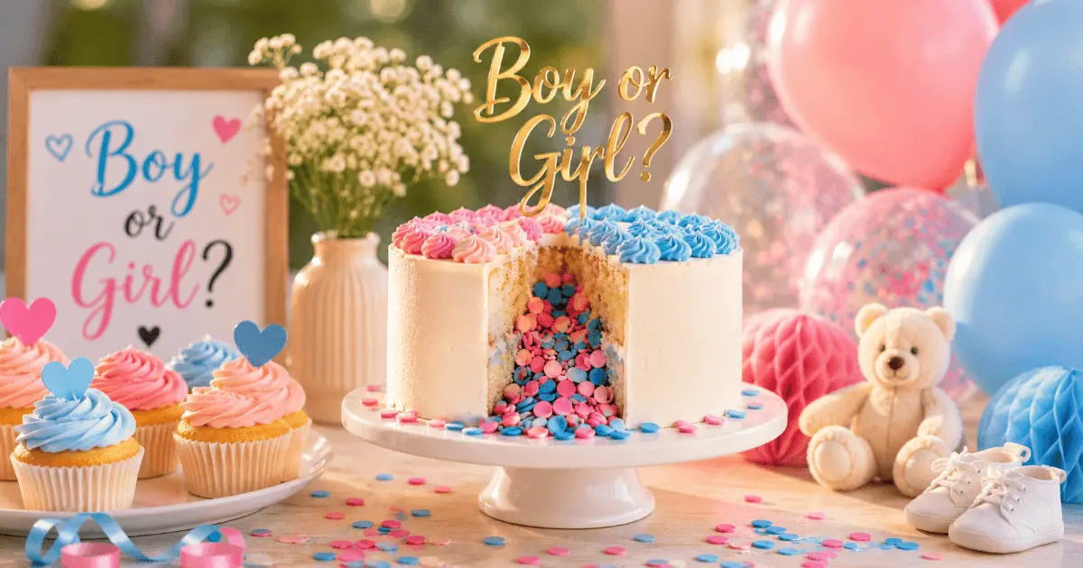 Gender reveal party dessert table featuring a surprise cake with pink and blue filling, cupcakes, balloons, and festive baby shower decorations.
