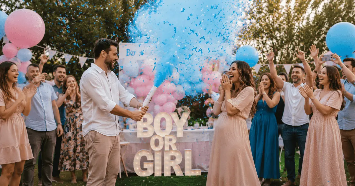 Expectant couple celebrating a gender reveal party with a blue confetti cannon as family and friends cheer around them outdoors.

