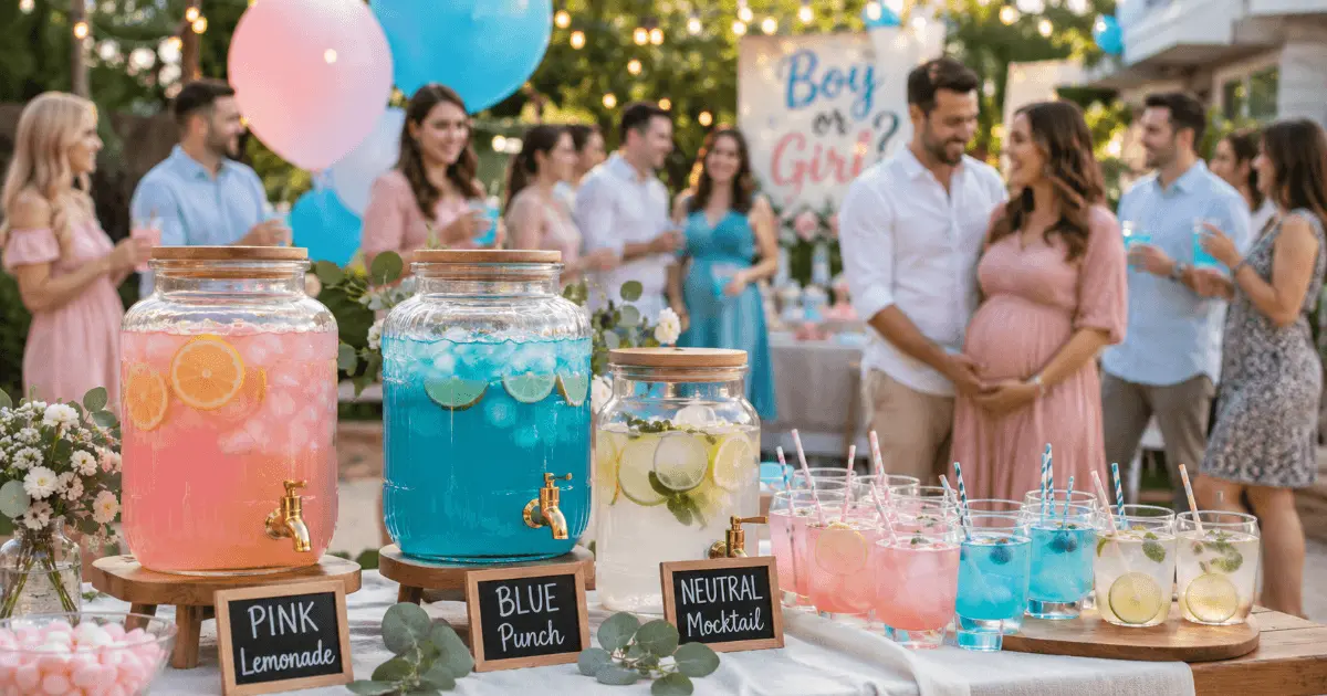 Gender reveal party drink station with pink lemonade, blue punch, refreshing mocktails, and guests celebrating in the background.