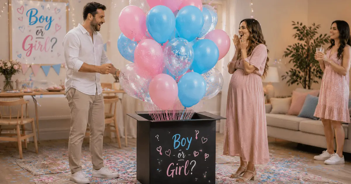 Expectant parents opening a balloon box during a gender reveal party as pink and blue balloons float into the air while guests celebrate.
