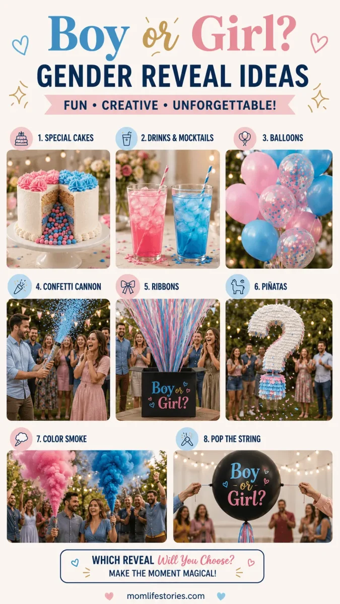 Gender reveal party ideas infographic featuring creative reveal ideas including cakes, drinks, balloons, confetti cannons, piñatas, ribbons, color smoke, and balloon surprises for an unforgettable celebration.