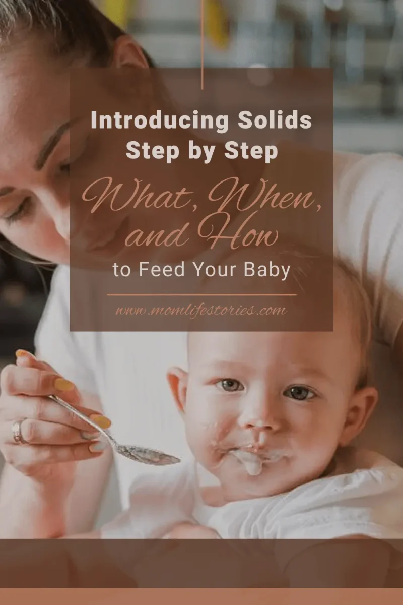 Introducing Solids Step by Step: What, When, and How to Feed Your Baby Introducing Solids guide showing a mother feeding her baby with a spoon, featuring practical tips on what, when, and how to start introducing solids safely during the first year.
