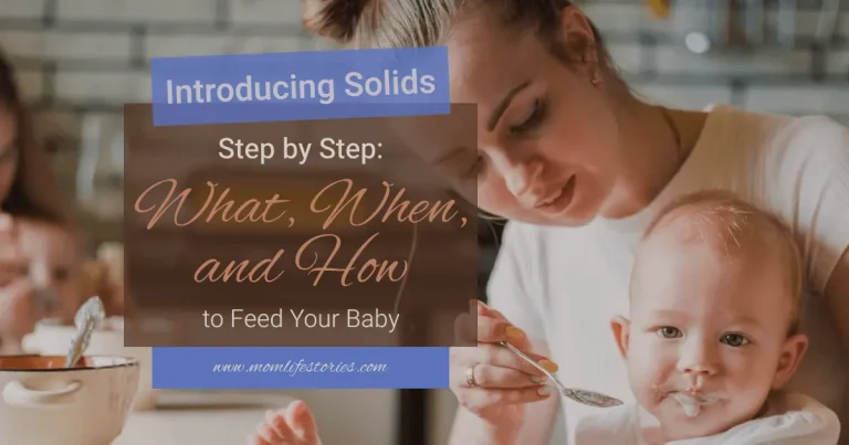 Parent feeding a baby in a high chair during the early stage of introducing solids and exploring new foods
