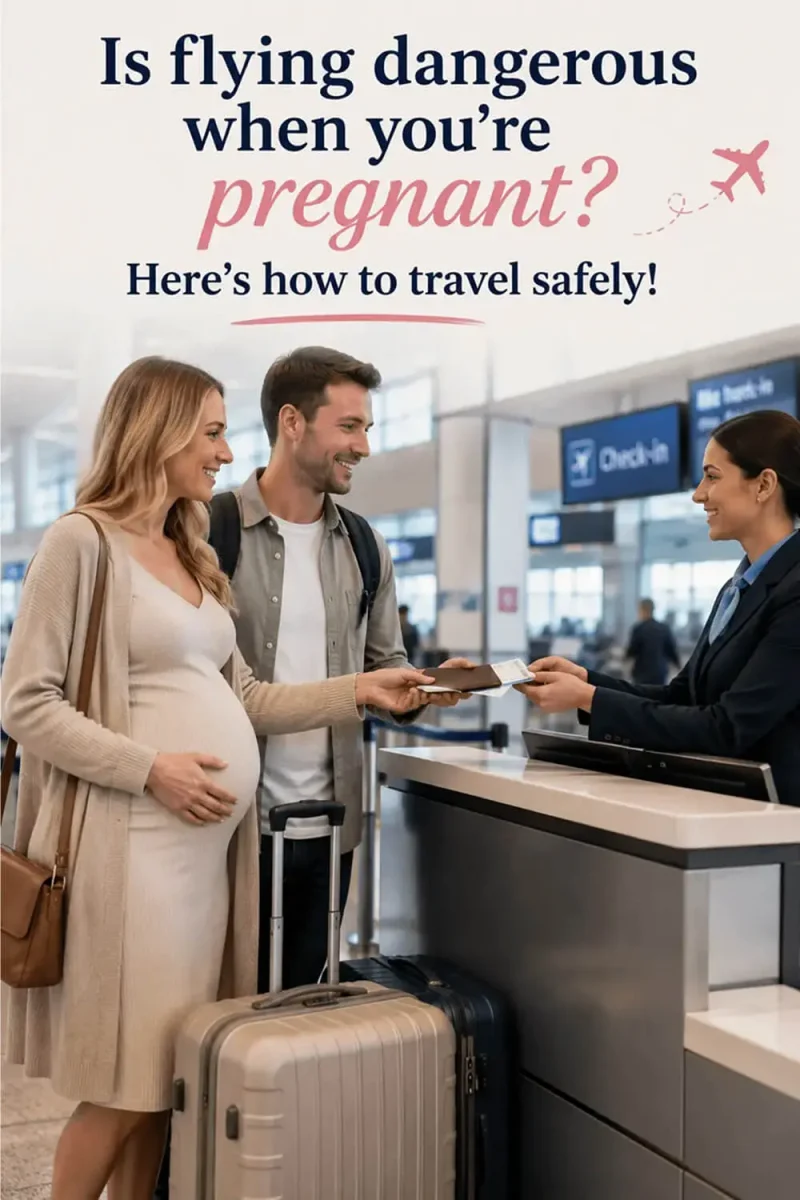 Flying During Pregnancy – Blonde pregnant woman and her husband checking in at the airport, handing their passports to the airline agent before their flight.