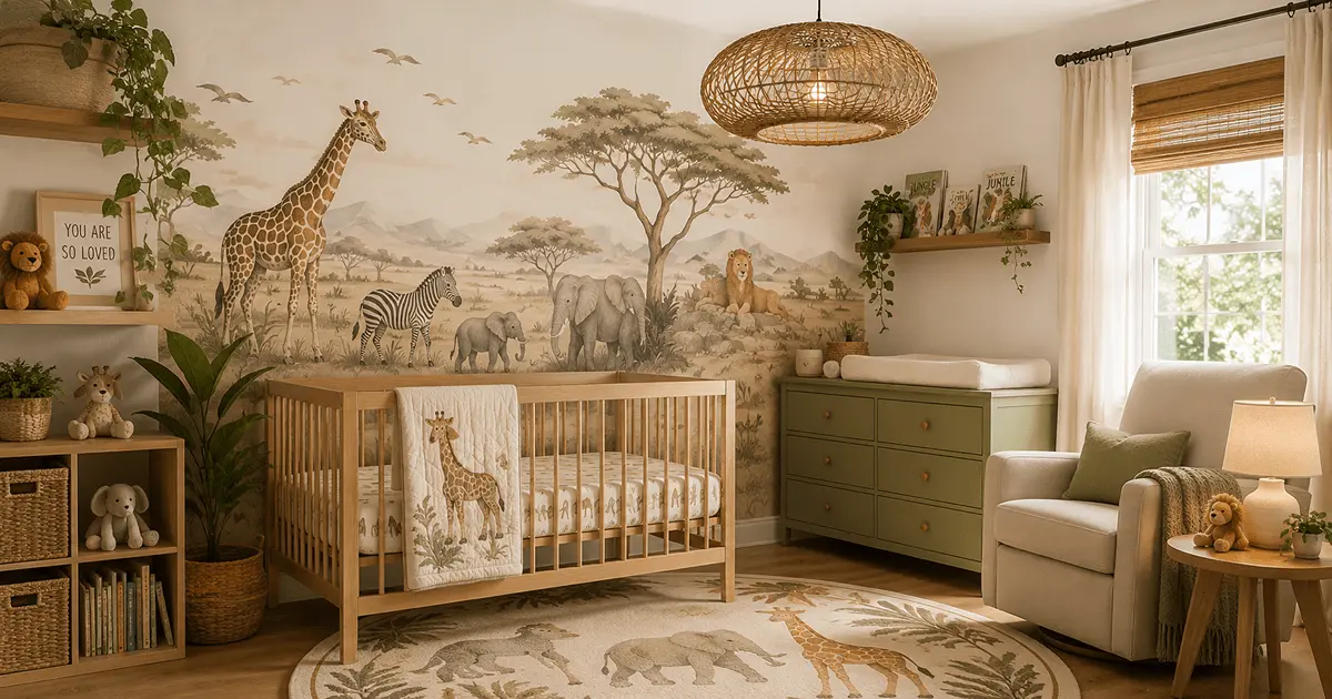 Modern safari nursery with animal mural, natural wood crib, sage green dresser, woven lighting, and jungle-inspired décor in warm neutral tones.