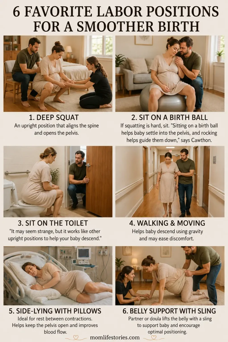 Infographic showing 6 labor positions for easier childbirth, including walking during labor, sitting on a birth ball, standing leaning, hands and knees labor positions, side-lying in a hospital bed, kneeling with a birth ball, supported squatting, and leaning forward in bed to support labor progress naturally.