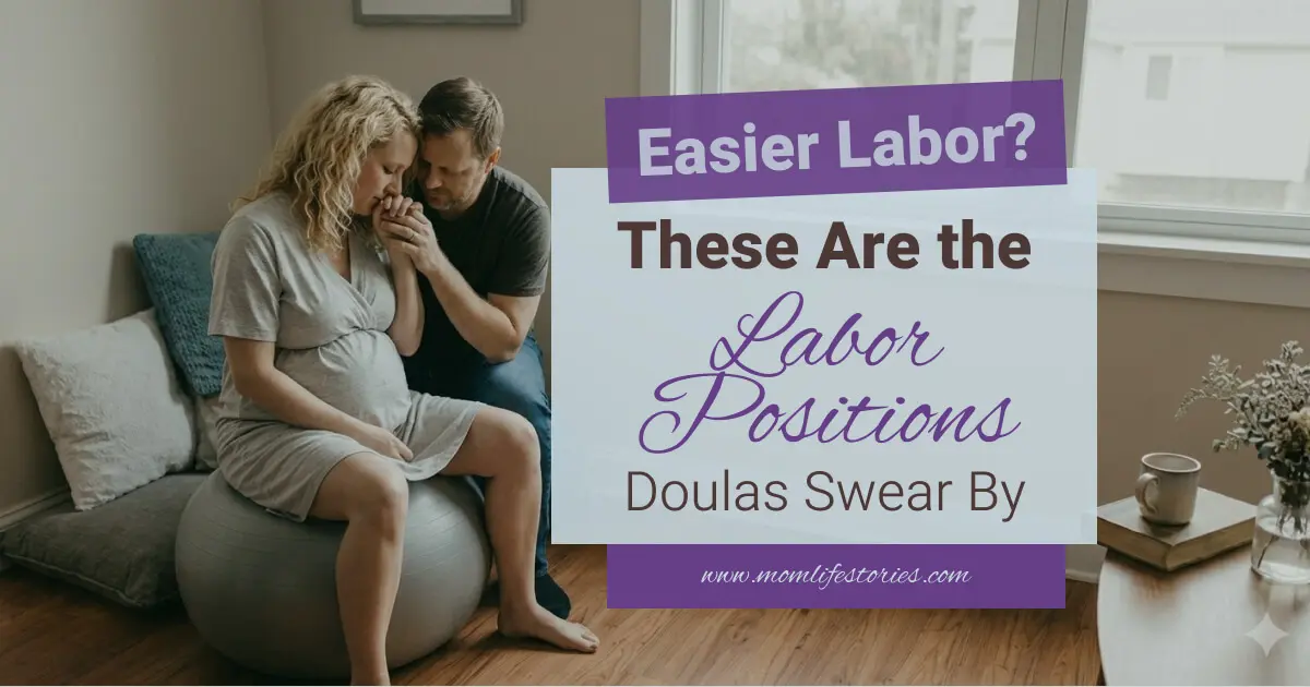 Pregnant woman sitting on a birth ball with partner support during labor, featuring calming labor positions and natural childbirth comfort techniques recommended by doulas.