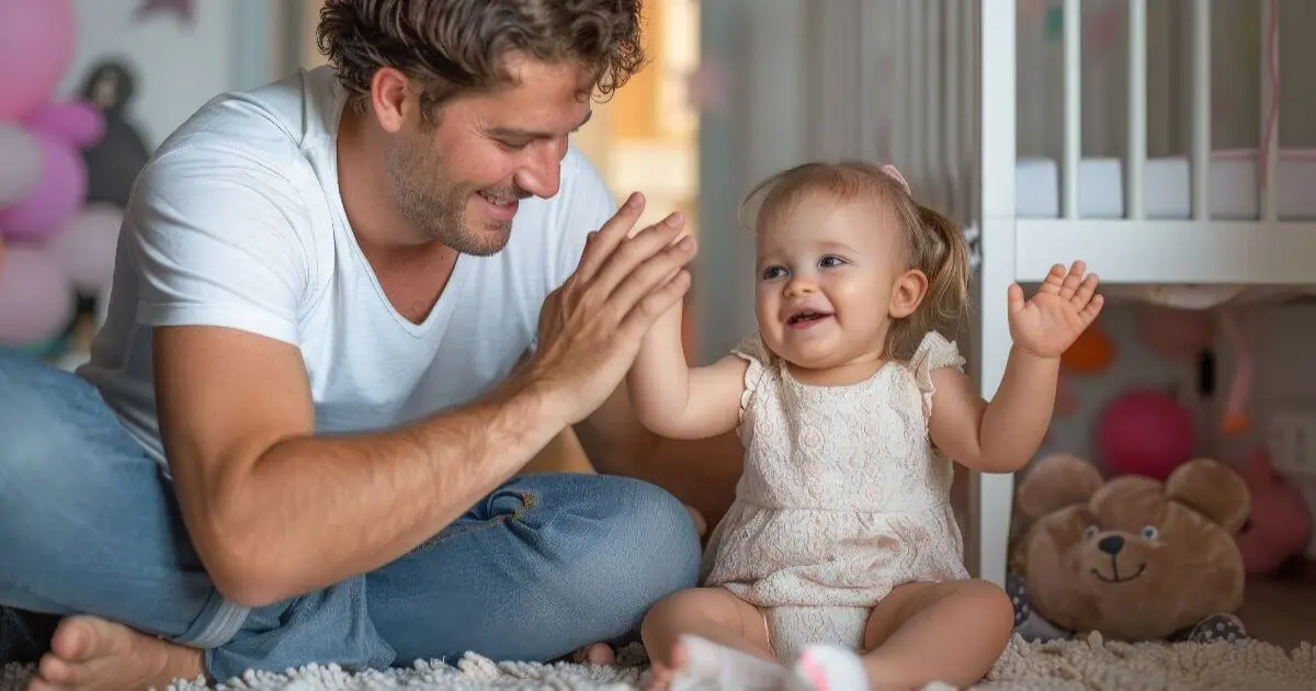 The Simplest Way to Become the Father Your Child Will Never Forget Father and toddler daughter sharing a happy high-five during playtime at home, capturing joyful parenting moments and emotional connection between father and child.