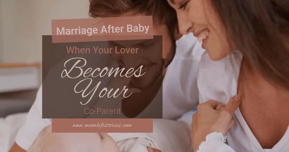 The Simplest Way to Become the Father Your Child Will Never Forget Young parents sitting close together at home with their newborn, illustrating the emotional shift in marriage after baby as partners become co-parents.
