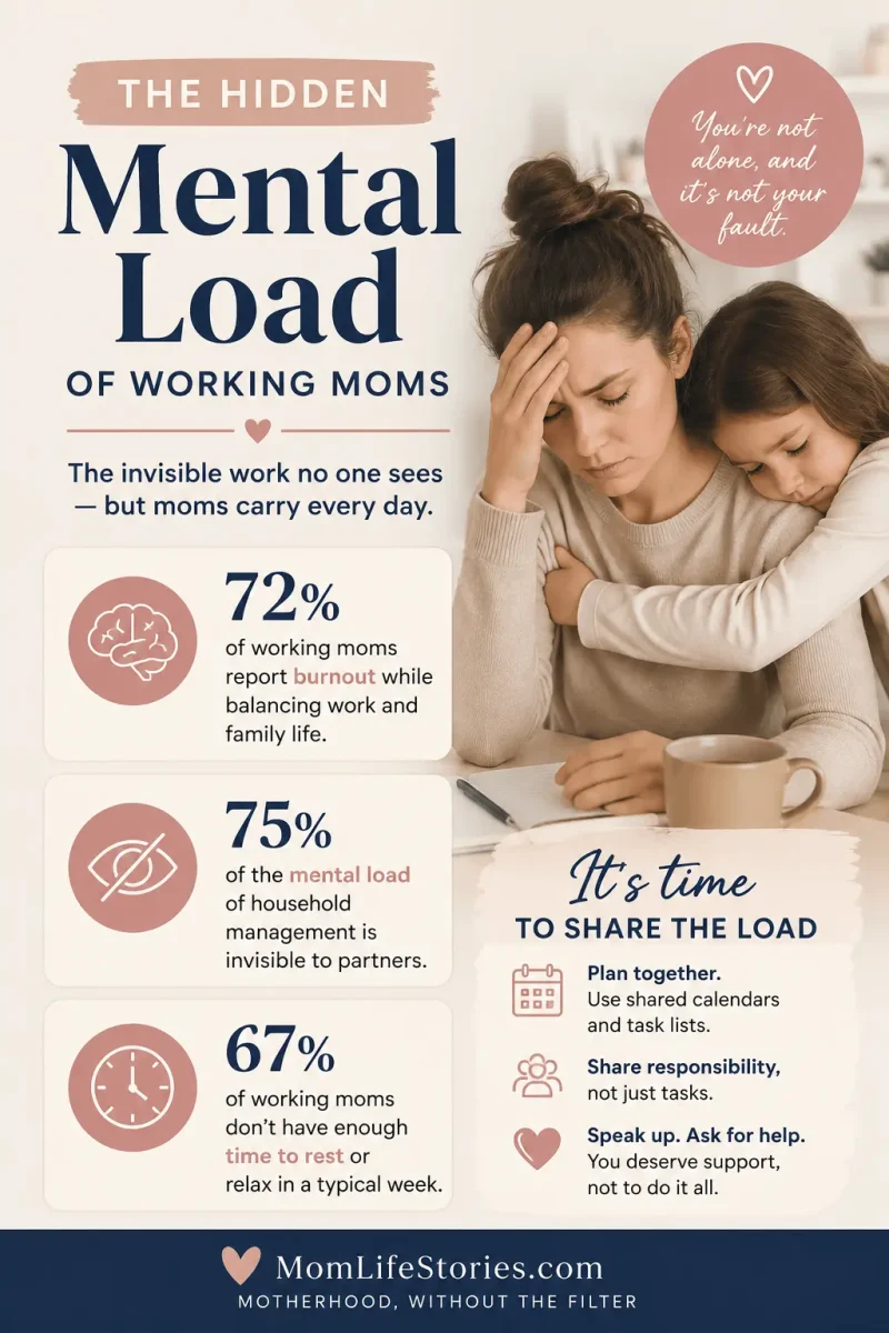 Mental load illustrated by a mom vacuuming while her partner and child relax on the couch, highlighting the invisible household responsibilities and emotional burden many working mothers carry every day.
