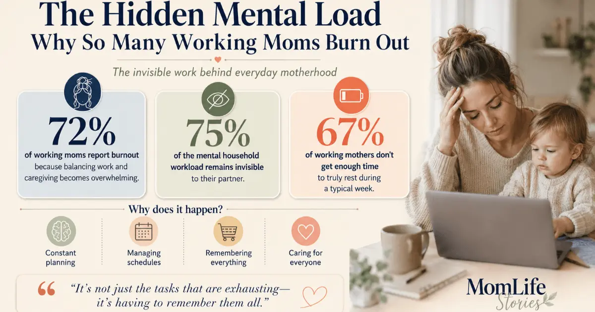 Working mother experiencing mental load while working on a laptop with her child beside her, alongside an infographic showing burnout statistics, invisible household workload, and the daily mental load behind balancing work and family.