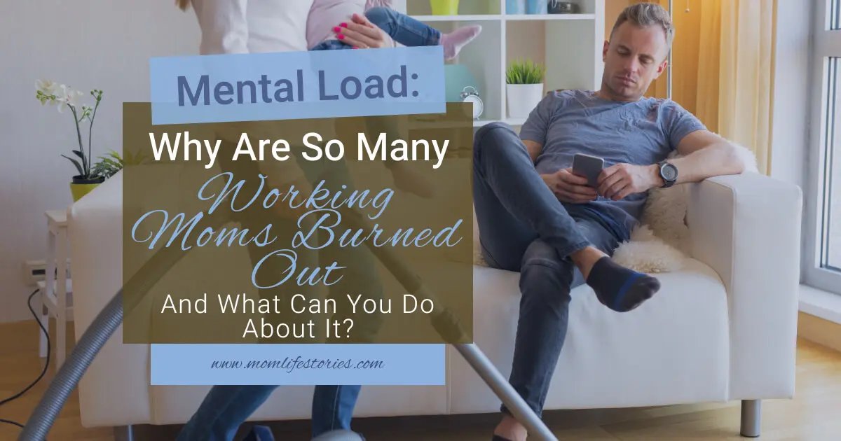 Mental load concept showing a busy working mom vacuuming while carrying her child as her partner sits on the couch, illustrating the invisible mental load, emotional labor, and burnout many working mothers experience.