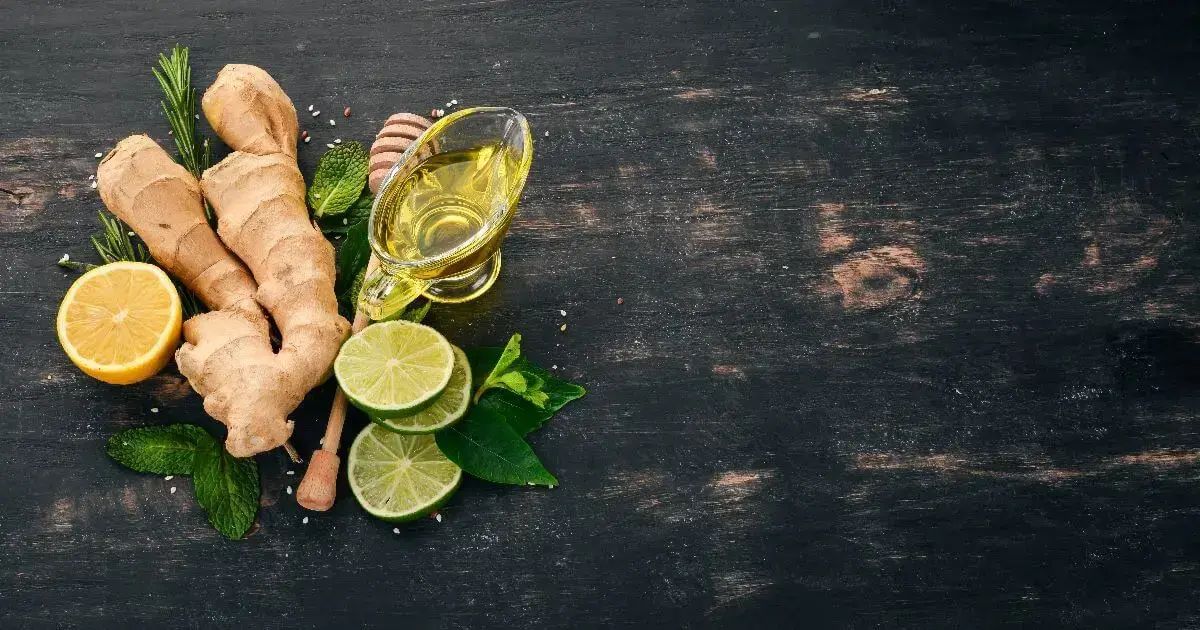Fresh ginger root, lemon, lime, mint leaves, and honey arranged on a dark wooden surface, highlighting natural ingredients commonly used in easy meals and soothing remedies for pregnancy-related nausea and digestive discomfort.