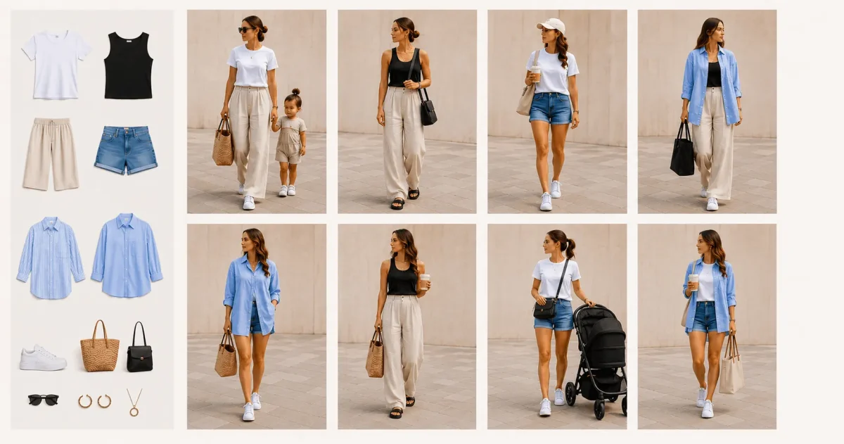 Mom capsule wardrobe outfit guide featuring six versatile wardrobe essentials styled into multiple outfit combinations. A mom wears a white T-shirt, black tank top, linen pants, denim shorts, and an oversized blue button-down shirt, paired with white sneakers and practical accessories for everyday motherhood.