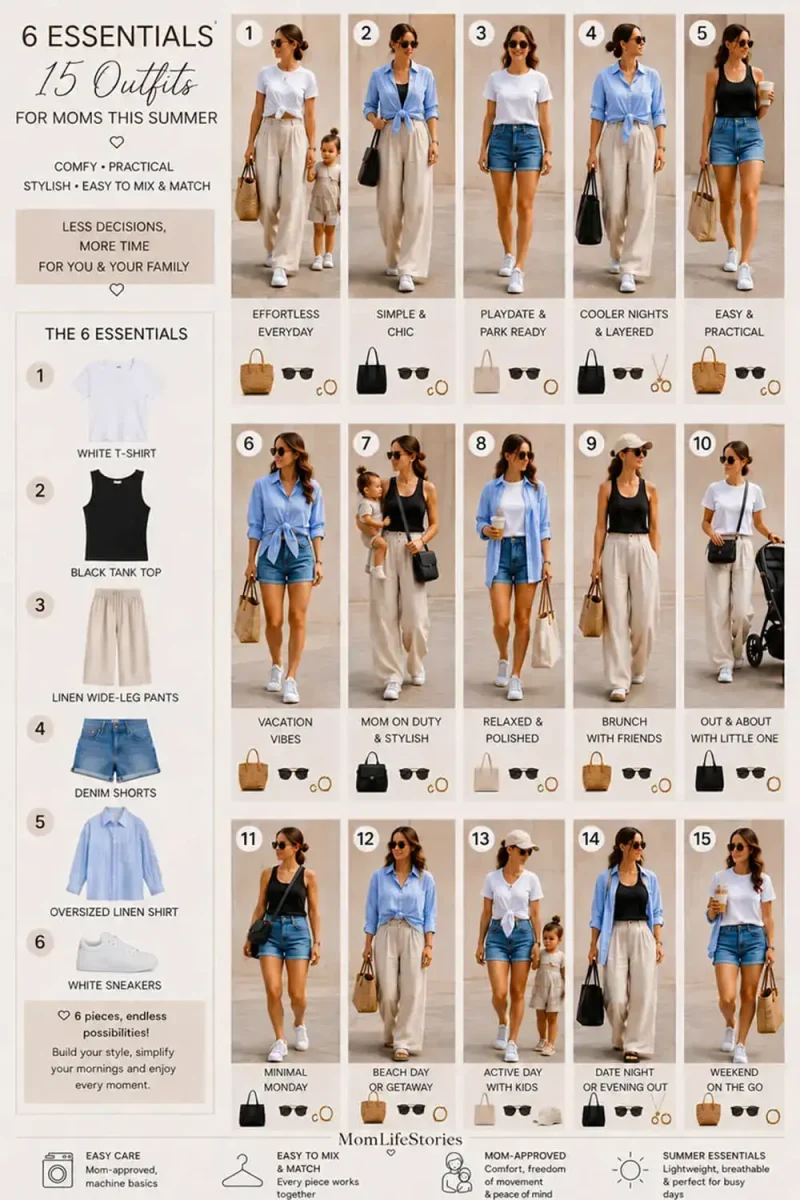 The Mom Capsule Wardrobe That Makes Busy Mornings Easier. This visual style guide features 15 outfit ideas created from just 6 wardrobe essentials, helping busy moms build effortless summer looks without a closet full of clothes. From denim shorts and linen pants to a classic white T-shirt, black tank top, and oversized linen shirt, these versatile combinations are designed for real mom life.Whether you're heading to the playground, running errands, grabbing coffee, traveling with the kids, or enjoying a casual day out, these summer outfits for moms offer the perfect balance of comfort, style, and practicality. Designed for busy moms and women who want to simplify their wardrobes, these looks provide endless outfit inspiration while keeping you comfortable, confident, and effortlessly stylish all summer long.Save this pin for your daily outfit inspiration. 💛