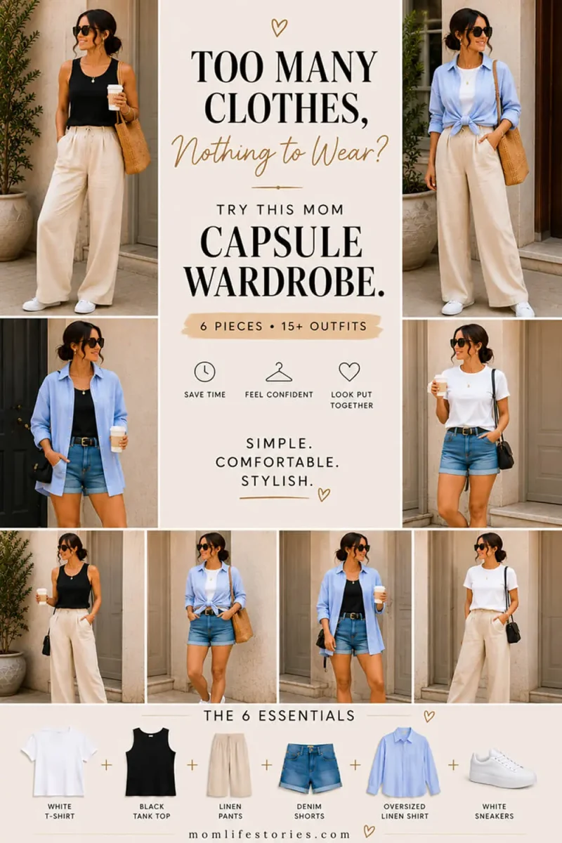 Too Many Clothes, nothing to Mear? Looking for a simpler way to get dressed every morning? This Mom Capsule Wardrobe shows how just 6 versatile pieces can create 15+ stylish summer outfits. From playground trips and errands to coffee dates and family outings, these mix-and-match essentials help busy moms save time without sacrificing style. Discover the power of a Mom Capsule Wardrobe and build a closet that works for your real life, not against it.