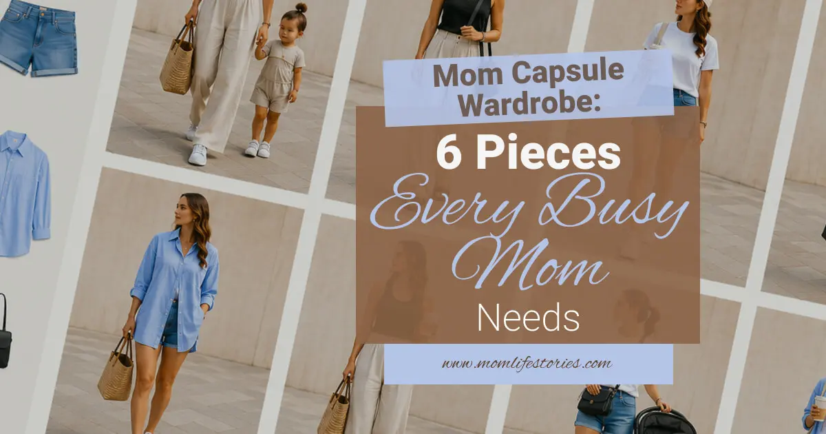 Mom capsule wardrobe collage featuring a busy mom styling six versatile summer essentials, including denim shorts, linen pants, a black tank top, an oversized blue shirt, a white T-shirt, and everyday accessories for practical and stylish motherhood.