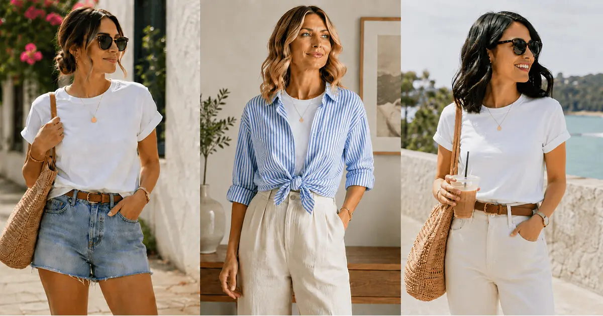 White T-shirt styled three different ways in a mom capsule wardrobe, including denim shorts, a blue striped button-down shirt with linen pants, and white pants with a brown belt for effortless summer outfits.