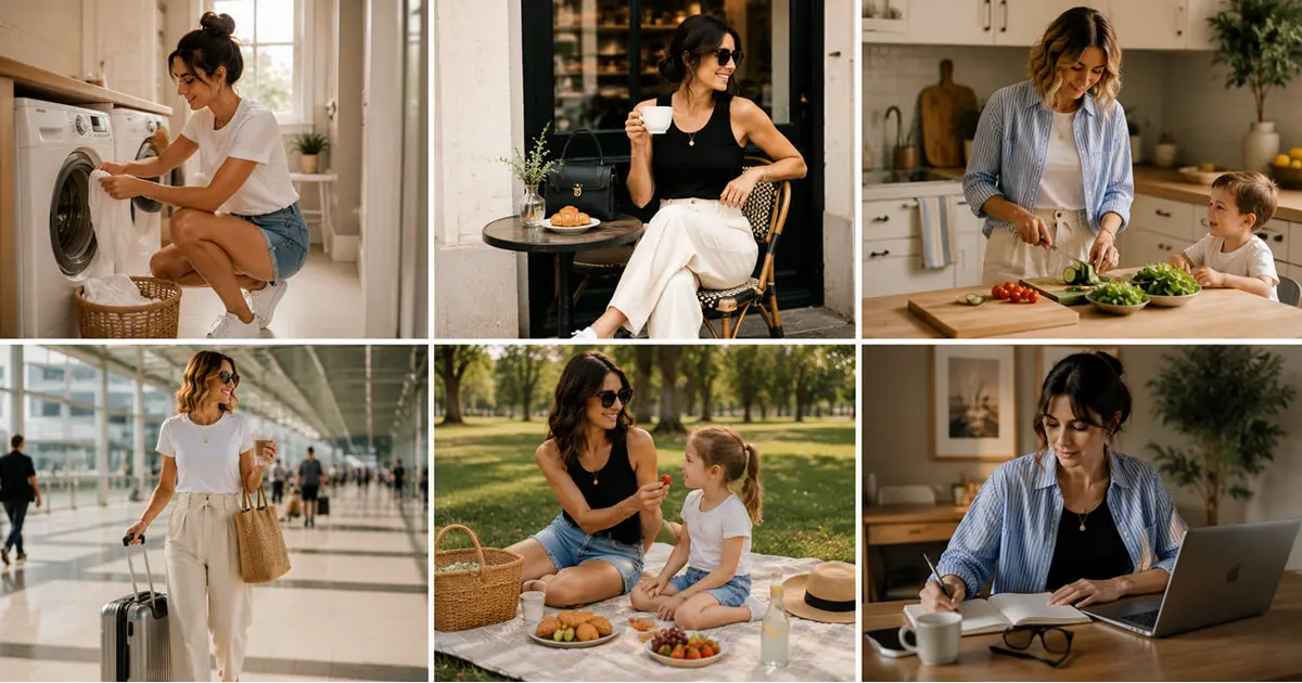 Collage showing different mom capsule wardrobe outfits in real-life situations, including doing laundry, preparing meals with a child, working from home, traveling, enjoying a coffee break, and having a picnic with a child. The outfits feature a white T-shirt, black tank top, linen pants, denim shorts, an oversized striped shirt, white sneakers, and other summer capsule wardrobe essentials.