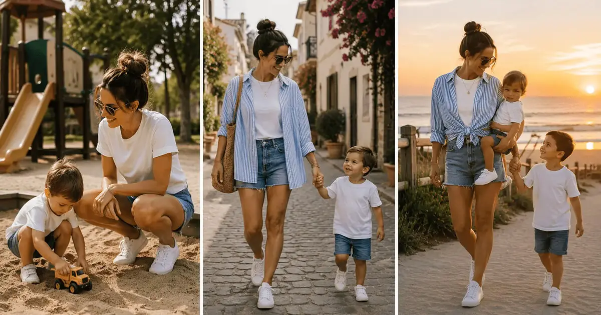 Mom capsule wardrobe featuring a mother and her young children wearing denim shorts, a white T-shirt, an oversized blue striped shirt, and white sneakers in three summer family activities including the playground, a city walk, and a beach sunset stroll.