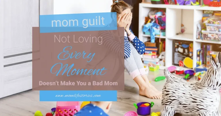 Mom guilt: Not Loving Every Moment Doesn’t Make You a Bad Mom Mother sitting on the floor with toys around her, capturing an honest moment of motherhood and the emotional weight of mom guilt.