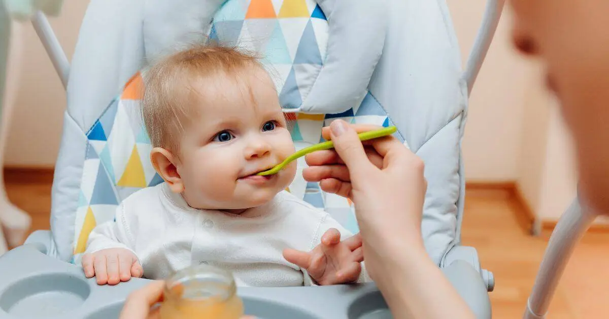 Introducing Solids Step by Step: What, When, and How to Feed Your Baby Mother feeding fruit purée to baby in high chair during introducing solids at home.