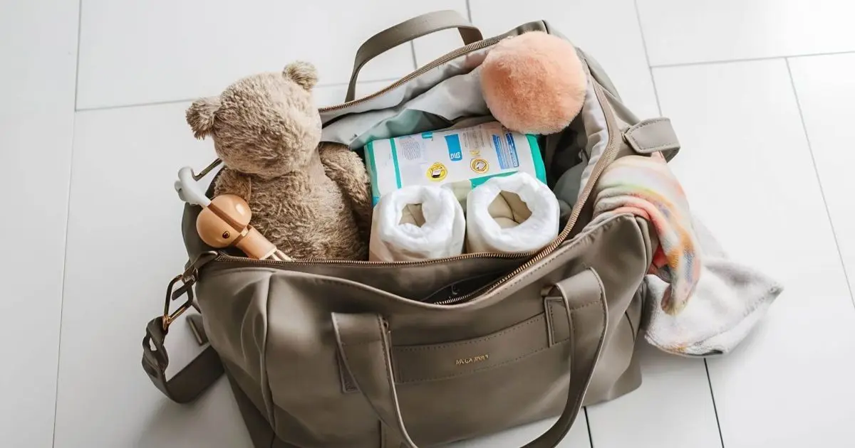 Diaper bag tips: mother’s bag with toys, diapers, and baby accessories neatly arranged on a white background.
