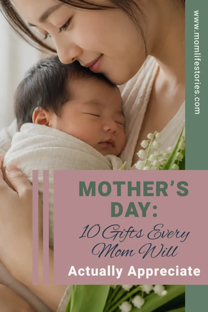 Mother smiling while holding a thoughtful present with her baby nearby, illustrating Mother’s Day gifts every mom will actually appreciate.